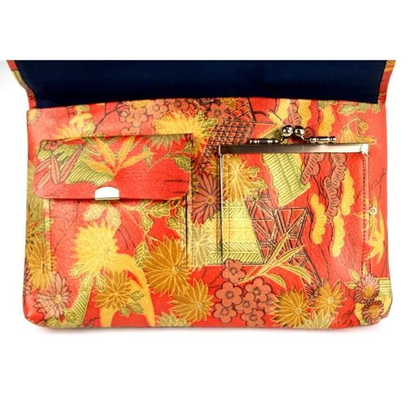 VTG HANDCRAFTED RED MULTICOLOR GENUINE LEATHER FLORAL ASIAN PRINT CLUTCH POUCH